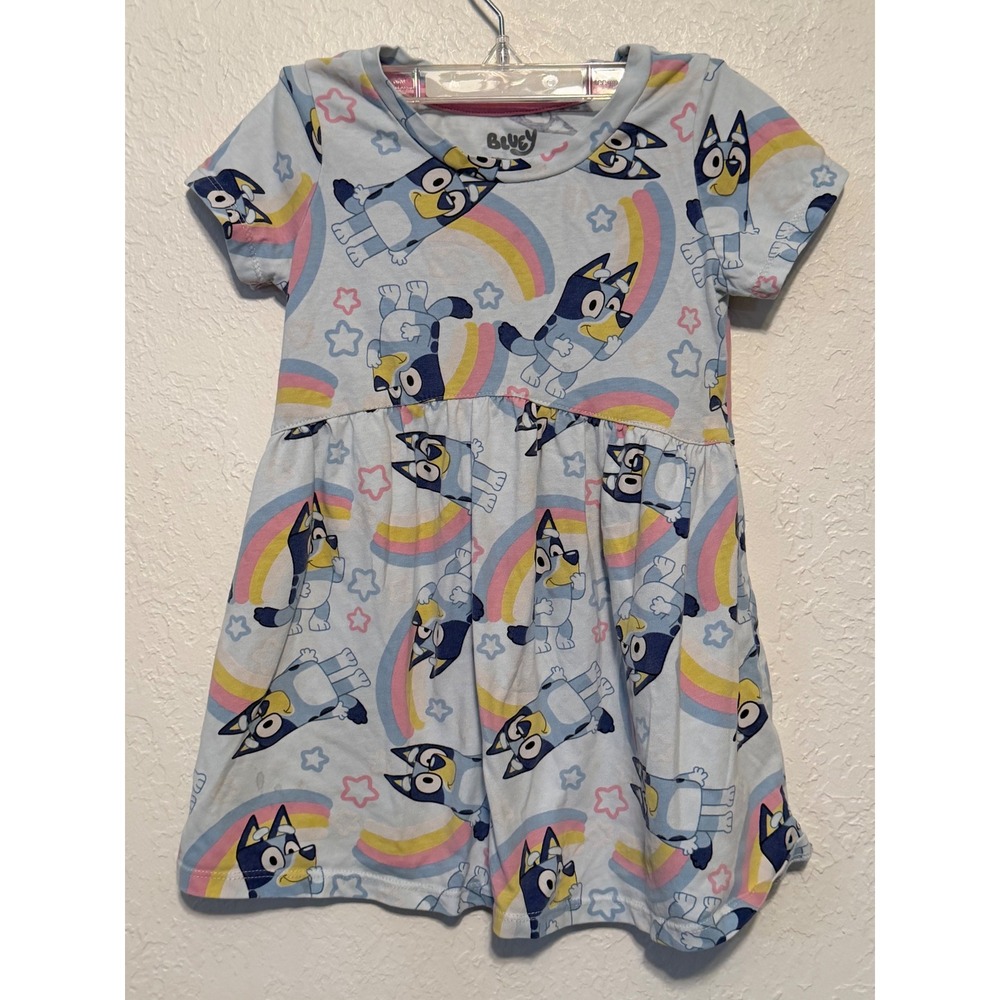 Bluey Toddler Girls Rainbow Star Print Short Sleeve Skater Dress Blue 3T